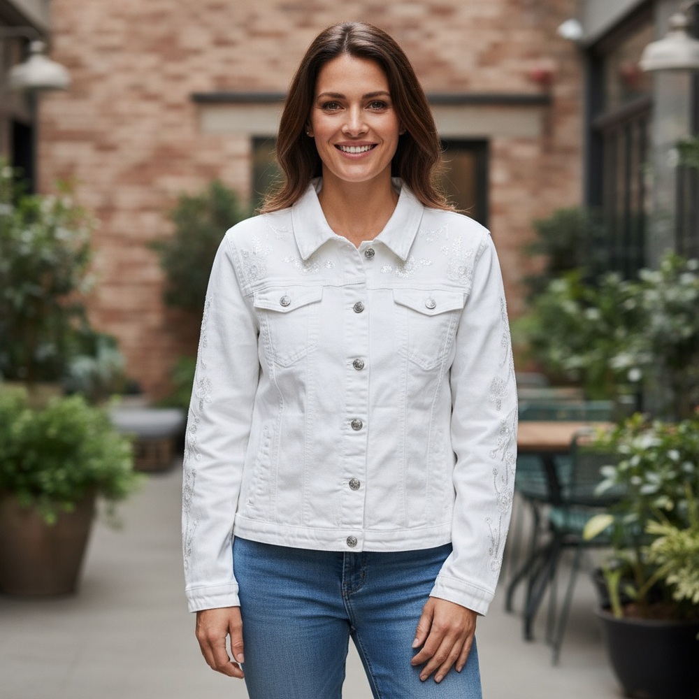 French Dressing Jean Jacket White Embroidered Appliqués FDJ Collection Sz XXL